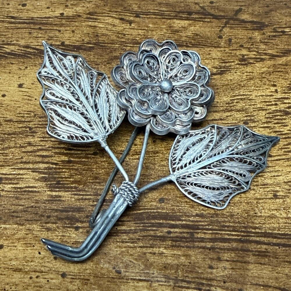 Vintage MCM 925 Sterling Silver Filigree Floral Brooch Pin Statement Cottagecore